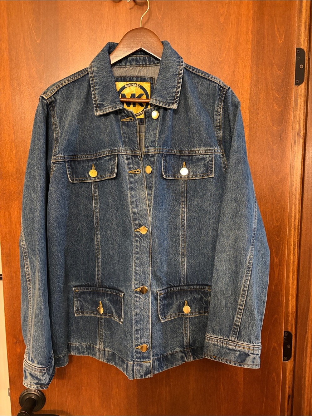 Michael Kors Men's Blue Denim Jacket with Gold-Tone Buttons - Large